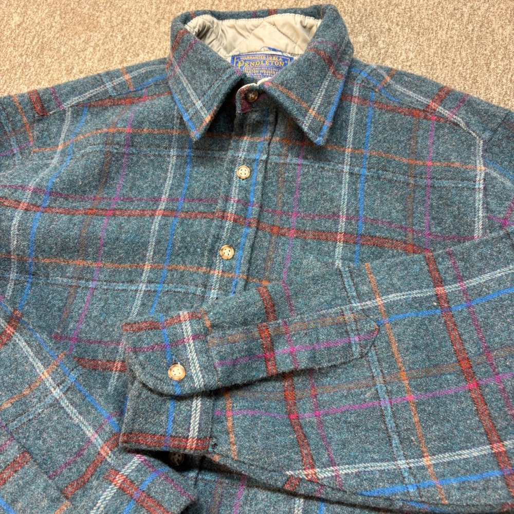 Pendleton Wool Shirt Jacket Mens Small Blue Plaid Virgin Wool Made in USA Vtg
